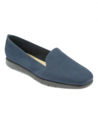 A casually comfortable slip-on you'll never want to take off. Soft manmade sueded lining and cushioned footbed on a 1 heel and flexible rubber sole.