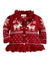 A sweet combed cotton cardigan trimmed in pointelle ruffles and mismatched buttons captures the spirit of the season with its classic knit reindeer design.