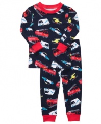 Fun style to the rescue! These pajamas with colorful first responder vehicles from Carter's will be his favorite sleep set.