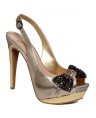 You can get much girlier. The Sierra platform pumps by Jessica Simpson take an ultra-sexy silhouette and top it off with a pleated bow covered in sparkling beads.