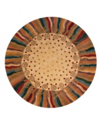 This round rug is ideal for open spaces. A polka dot pattern against a subtle creme background creates an abstract rug of rich, artistic beauty. A vivid, swirling border in a color palette that includes beige, burgundy, lavender and beige completes the rug with a resplendent finish. Hand-tufted and hand-carved of plush wool.