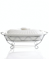 Serve your warm delicacies with grand style in this porcelain covered baker (shown back) with pewter serving rack.