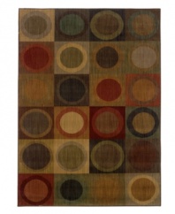 Cool and casual, this winsome area rug expresses a fashionable story full of character and color. Top to bottom, side to side, vibrant circles are mixed and matched with deep reds, blues and greens. Crafted with durable nylon, this captivating piece will be a long-lasting fixture of softness and allure in your home.