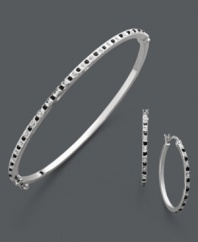 The perfect match. This stunning hoop earrings and bangle set features alternating black and white diamond accents set in sterling silver. Approximate bracelet length: 7 inches. Approximate earring diameter: 1 inch.