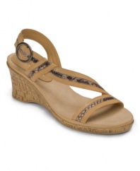 The Aerosoles Delaid Reaction Sandals cause a stir with their slinky snake-look trim, asymmetrical straps and cork wedge.