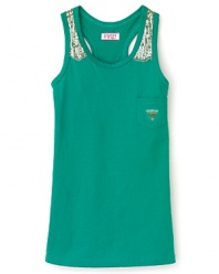 GUESS Kids updates the racerback tank top with sequin patches at the shoulder.