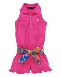 This adorable cotton mesh polo romper features a pretty belted sash at the waist and a ruffled hem.