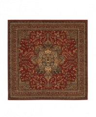 With regal designs that pay homage to the ancient art of rug-making, this piece imparts a classic, yet modern feel with rich colors that reflect the most popular looks of today. Featuring a dramatic center medallion, sweeping out in a burst of branches and blossoms, and accented in deep tones of antique red. Meticulous power-loom construction with Couristan's patented locked-in-weave and crystal-point finish. 25-year limited warranty.