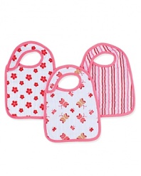 Pretty posies, fluttering butterflies and bright stripes adorn these bibs that have three snaps at the shoulder to make them easy to take on and off.