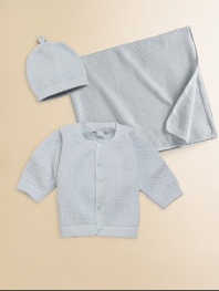 Cuddle baby in this soft cotton knit with matching hat. Button front Cotton; machine wash Imported