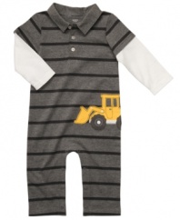 Get him ready to dig into some fun with this comfortable graphic coverall from Carter's.