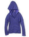Splendid offers up a cute classic in stripes, the Venice thermal hoodie, adorned with a front kangaroo pocket and attached hood.