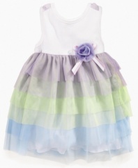 Pretty in pastels. Show off her gentle side in this whimsical ruffle dress from Sweet Heart Rose.