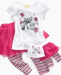 Puppy love. She'll adore this tee, skirt and leggings set from Sweet Heart Rose, with a cute sparkly graphic and a matching outfit for dollie.
