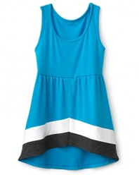 She'll rock Aqua's colorblock tank, gathered gracefully at the waist and widening to a high/low hem.