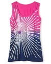 This ombre tank top is adorned with a stunning foil sunburst overlay for spectacular summer style.