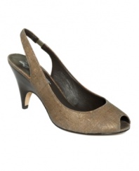 Assert yourself with forward-looking fashion. The Papina pumps by Donald J Pliner re-imagine a classic slingback silhouette with unique metallic cork-finished leather.