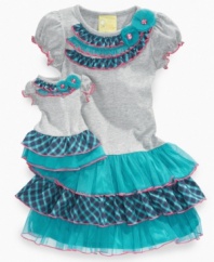 Festive frills. Mesh and plaid overlays make this twirlable tiered dress from Sweet Heart Rose fun for any occasion.