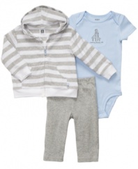 The perfect trio. Keep him cozy in this adorable bodysuit, pant and hoodie 3-piece set from Carter's.