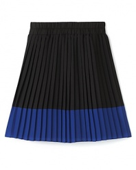 The chic knife pleats and a bold color block on this Aqua skirt compliment everything from trend-right cardigans to printed silk tops.