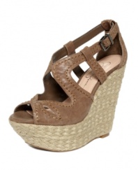 Perfect for peeking out of sexy flared jeans or lengthening your legs with a hot mini. The Stevania sandals by Jessica Simpson feature curving straps atop an earthy straw wedge.