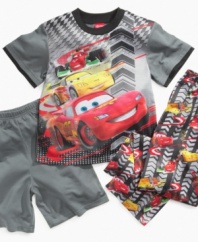 Start the engine! He'll enjoy vrooming around until he's worn out in this shirt, short and pant pajama set from AME.