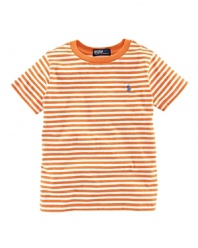 Slim stripes adorn an airy short-sleeved cotton jersey crewneck tee for a bold, preppy look.