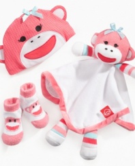 All wrapped up. She'll love having a friend of her own to hold with this sock monkey snuggle buddy from Baby Starters.
