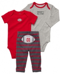 What a sport. No matter what he's playing he'll always be your all-star and everyone will know it in this darling 3-piece bodysuits and pant set from Carter's.