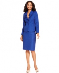 Classic tweed gets a feminine update with the addition of a ruffled collar and flattering seamed waist on Le Suit's latest skirt suit. The rich blue hue is easy to pair almost any heel in your closet.
