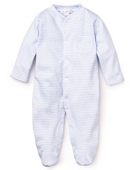 Crafted in the softest cotton fabric, this cuddly striped footie makes their first months a lesson in luxury.