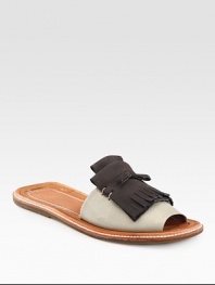 Moccasin-inspired suede fringe rests upon an alarmingly soft leather upper while a rubber sole provides traction. Suede and leather upperLeather liningRubber soleImportedOUR FIT MODEL RECOMMENDS ordering true size. 