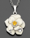 Brighten your look with a little piece of sunshine. This flower pendant features round-cut citrine (1/8 ct. t.w.), sparkling diamond accents, and polished petals in white enamel. Setting and chain crafted in sterling silver. Approximate length: 18 inches. Approximate drop: 1 inch.