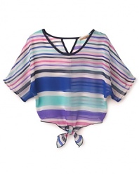 This flowing stripe top ties at the waist adding a carefree flourish.