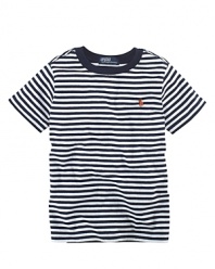 A bold stripe pattern updates a classic polo shirt in breathable cotton mesh.