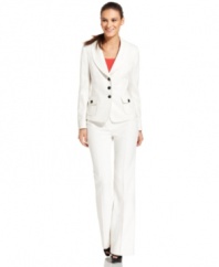 Nine West's pant suit is made striking with contrasting button closures and a subtle stripe pattern on its bright white fabric. Make it really pop by layering a colored cami underneath.