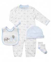 Put it all together. Keep him geared up from head to toe with this 4-piece coverall, beanie, socks and bib set from Carter's.