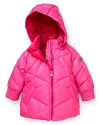 A Diesel down jacket in bright pink trumps drab winter days, complete with removable hood for extra warmth.