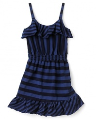 Nautical-inspired stripes meet sweet ruffle detailing at the neck and hem for an easy, sleeveless party dress.