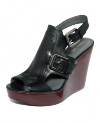 Calvin Klein's Jamie platform wedge sandals are structured and high with buckle detailing along the sling back heel.