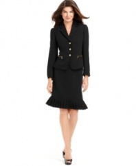This skirt suit from Tahari by ASL looks sharp on top with goldtone zipper and hardware details on the jacket and pretty at the bottom with a pop of pleating at the hem.