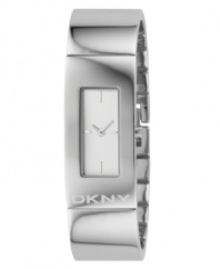 Sleek, urban style by DKNY. This beautiful watch features a stainless steel bracelet and round case. Logo embossed at bezel. White dial with silvertone stick indices. Quartz movement. Water resistant to 50 meters. Two-year limited warranty.