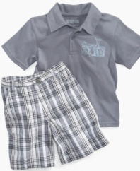 Part preppy, part rocker. Keep his options open with this handsome polo shirt and plaid short set from Kenneth Cole.