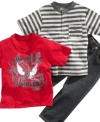 Start your engines! He'll be ready to race around in style with this tee shirt, polo shirt and jeans set from Nannette.