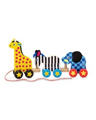 This popular wooden pull-toy features three interlocking, mix and match animals on wheels. A giraffe, elephant and zebra, can easily become a zephant, an eleraffe or a girbra when the wooden pieces are rearranged to form creative new critters!