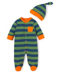 Offspring keeps it classic and cute with a striped footie and het set, accented with contrast trim and snap covers.