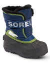 Updating the classic style, Sorel snow boot features a single pull closure at the top of the shaft to help keep out of cold and snow.