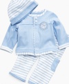 Anchors away! Keep your little captain cozy in this darling 3-piece shirt, pant and beanie set from Little Me.