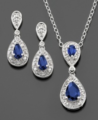 Bask in elegance. This beautiful teardrop matched pendant and earrings set features pear-cut sapphire (1-3/8 ct. t.w.) and round-cut diamond (1/10 ct. t.w.) set in sterling silver. Approximate length: 18 inches. Approximate pendant drop: 1 inch. Approximate earring drop: 3/4 inch. Item comes in a convenient red gift box, while supplies last.