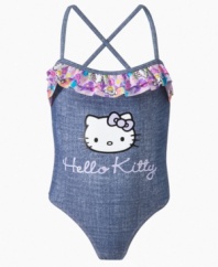 Dive in with the denim looks of this one piece swimsuit from Hello Kitty, a cool, laid-back style.